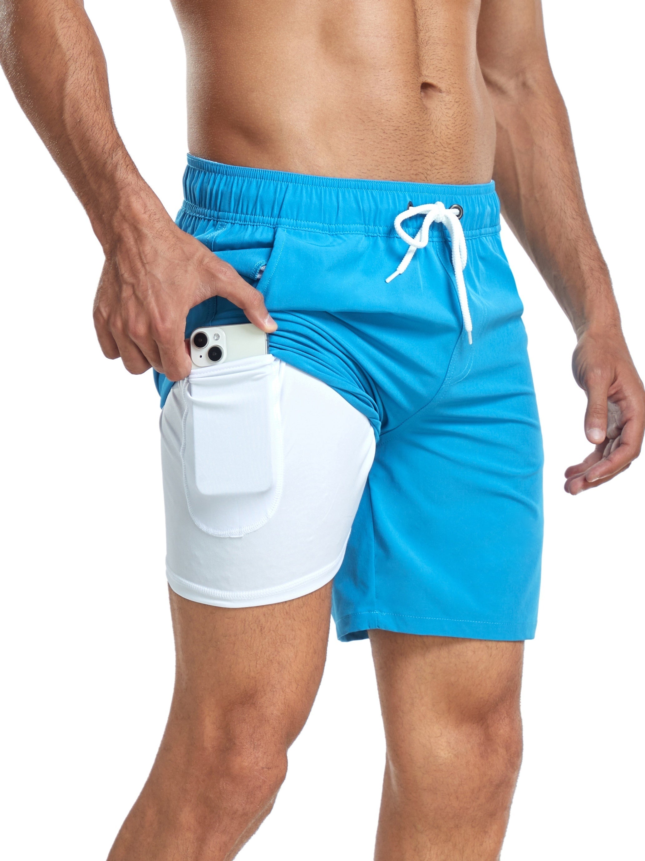 Men's pink 2-in-1 swim shorts with compression liner