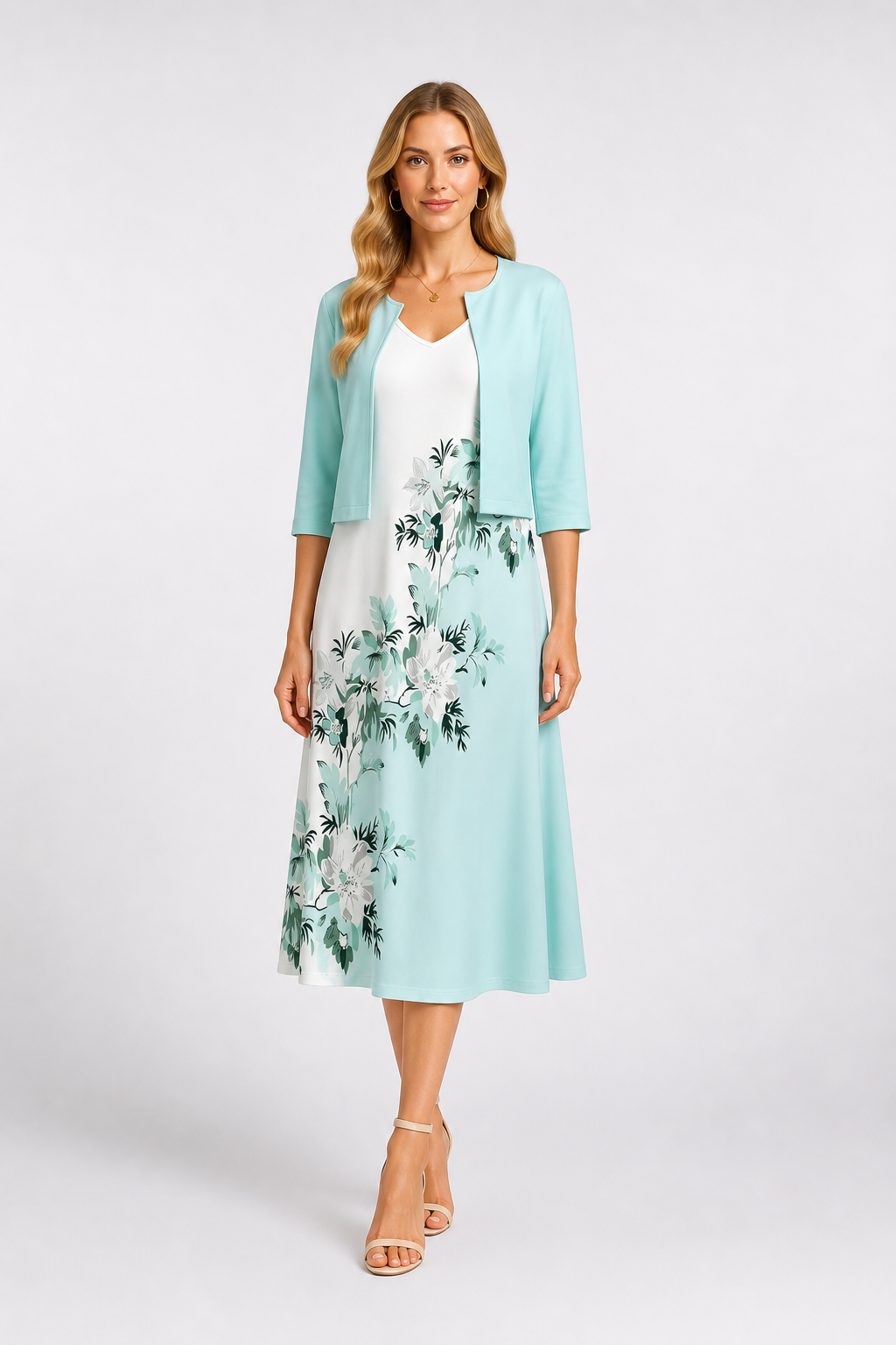 Womens Dress Floral A-Line 3/4 Sleeve Keyhole 8