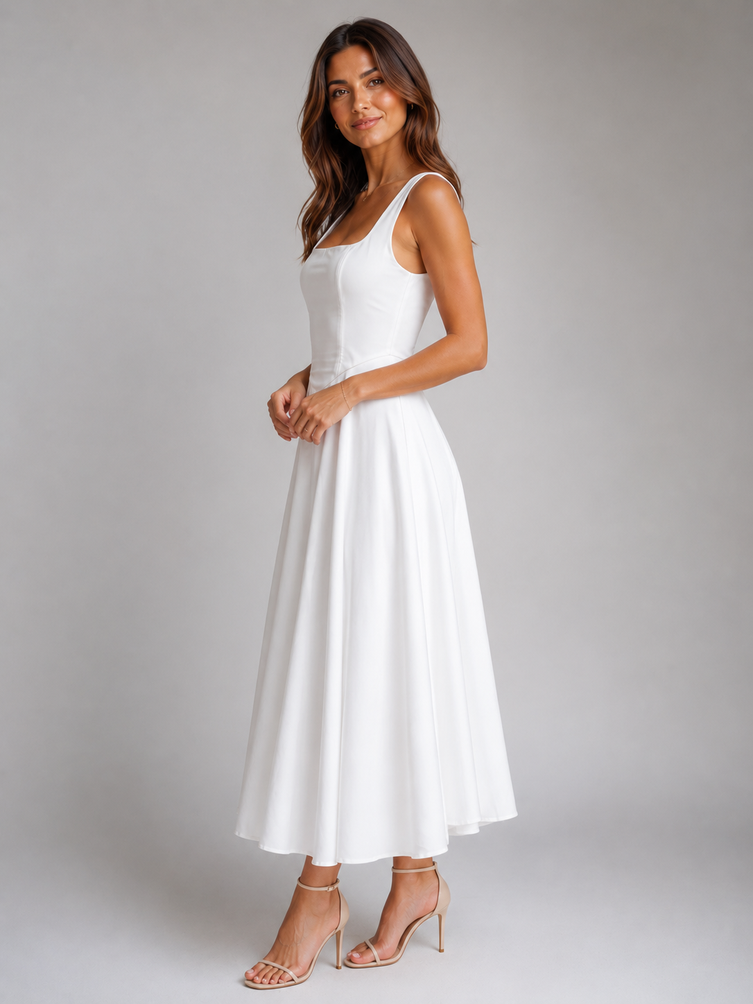 Womens Dress Midi A-Line Square Neck Sleeveless