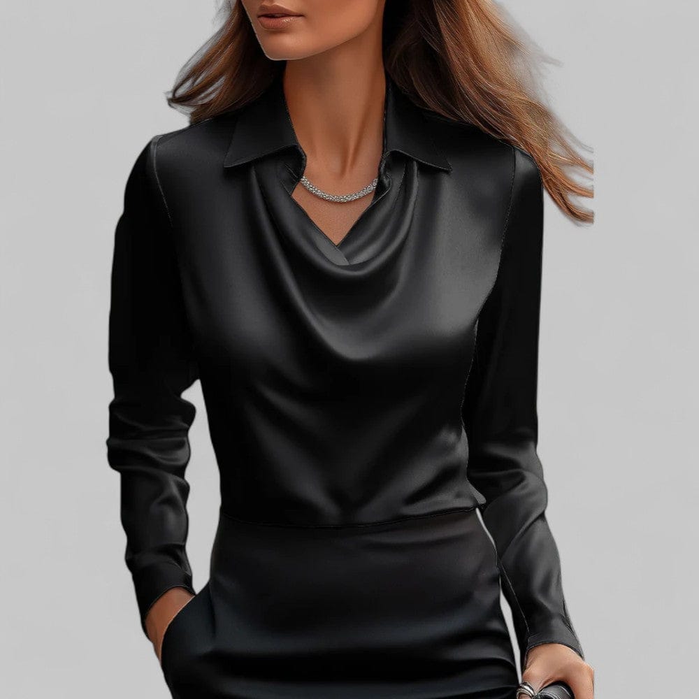 Vogain Blouses Black / S Women's Blouse Long Sleeve Satin Draped Neck Chic Fit Elegant Design
