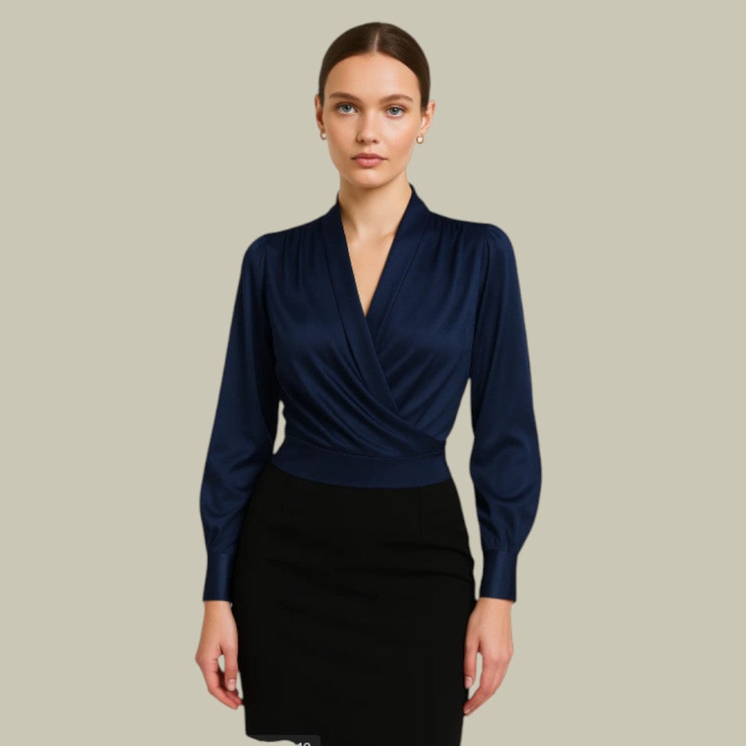 Vogain Blouses Blue / S Women's Blouse Long Sleeve Satin Wrap Front Top V-Neck Regular Fit