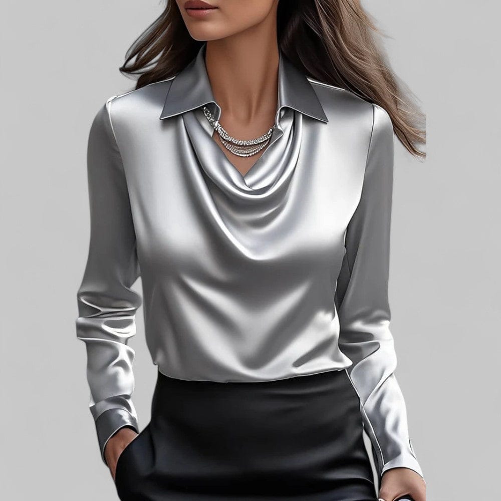 Vogain Blouses Grey / S Women's Blouse Long Sleeve Satin Draped Neck Chic Fit Elegant Design