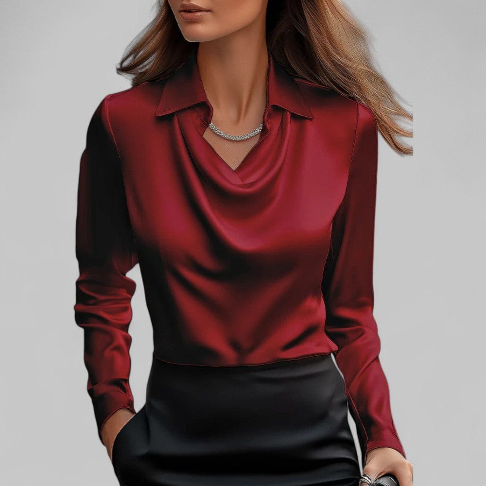 Vogain Blouses Red / S Women's Blouse Long Sleeve Satin Draped Neck Chic Fit Elegant Design