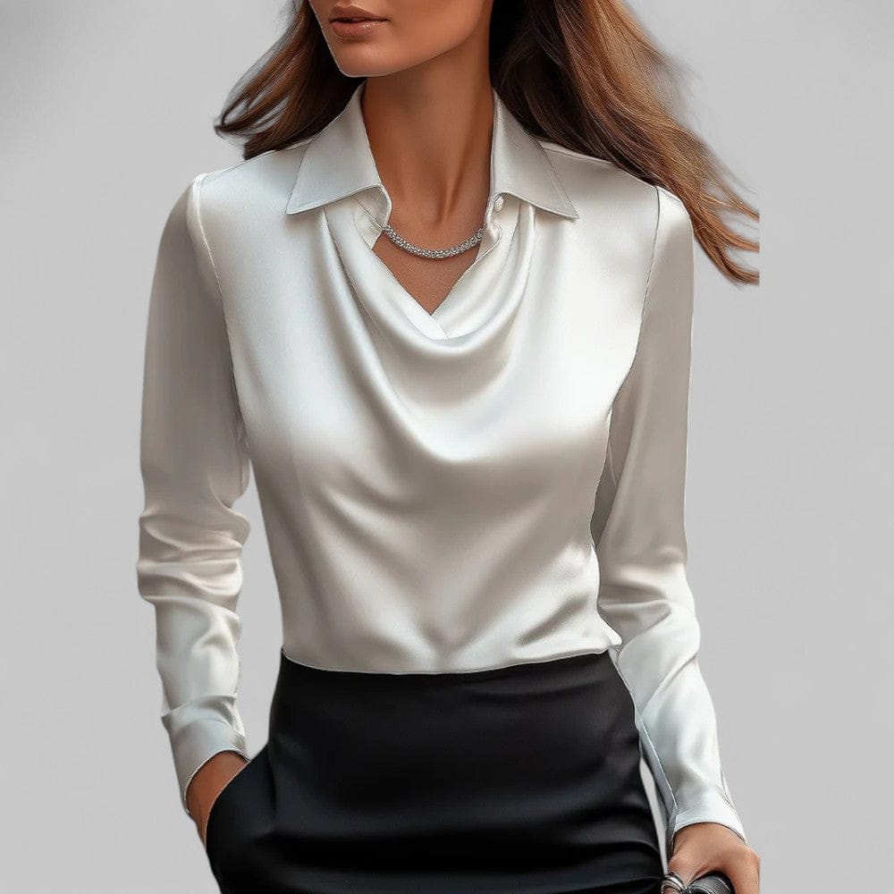 Vogain Blouses White / S Women's Blouse Long Sleeve Satin Draped Neck Chic Fit Elegant Design