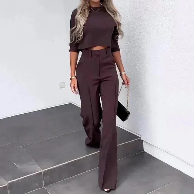 Vogain Clothing Sets Brown / S Women's Set Two Piece Set Cropped Top High-Waisted Trousers Lightweight Fit