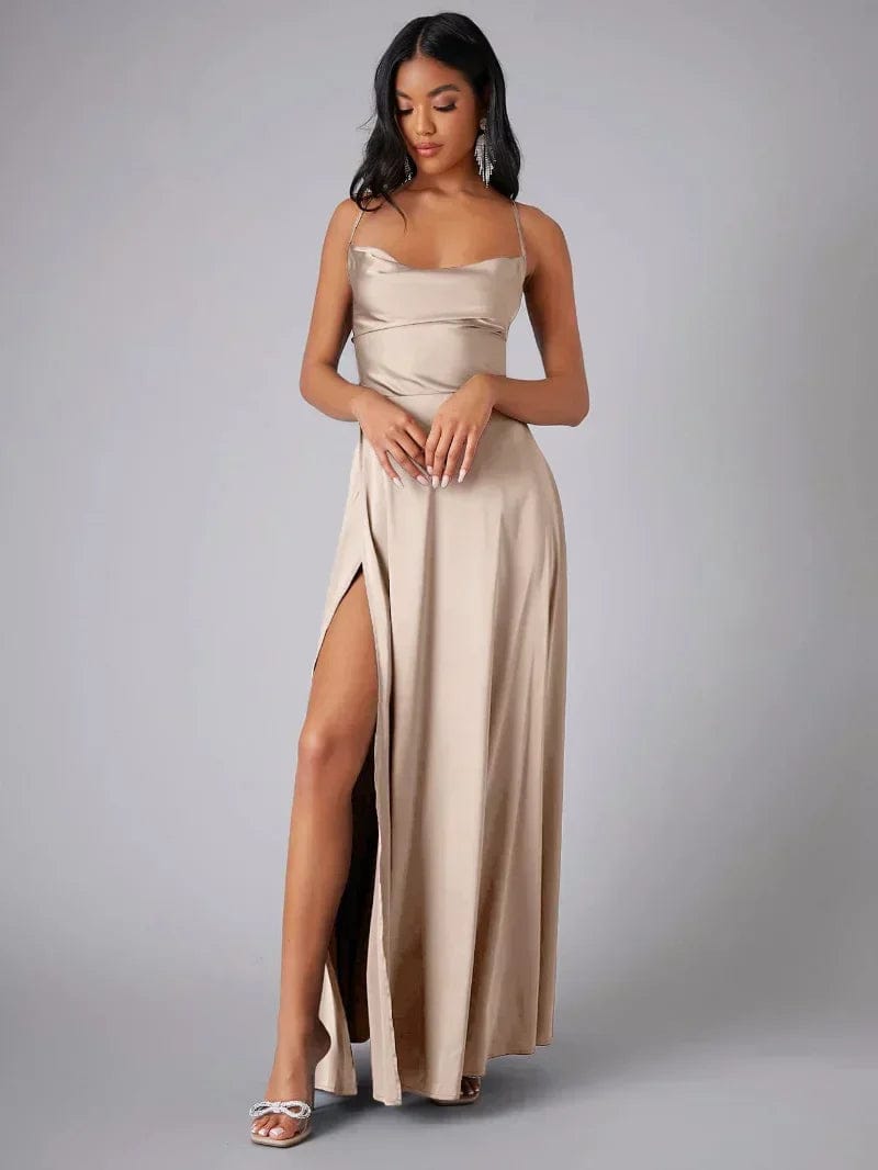Vogain Evening Dresses Beige / S Women's Maxi Dress Cocktail Dress Spaghetti Straps High Slit Smooth Fabric