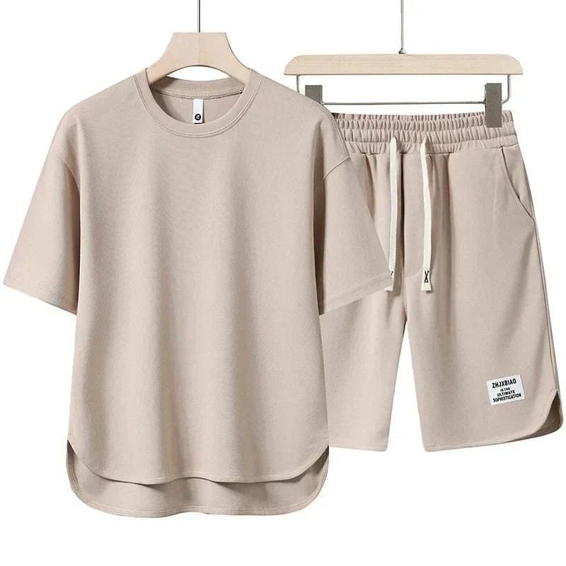 Vogain Men's Clothing Beige / M Men’s Casual T-Shirt and Shorts Set Cotton Relaxed Fit with Drawstring Waist