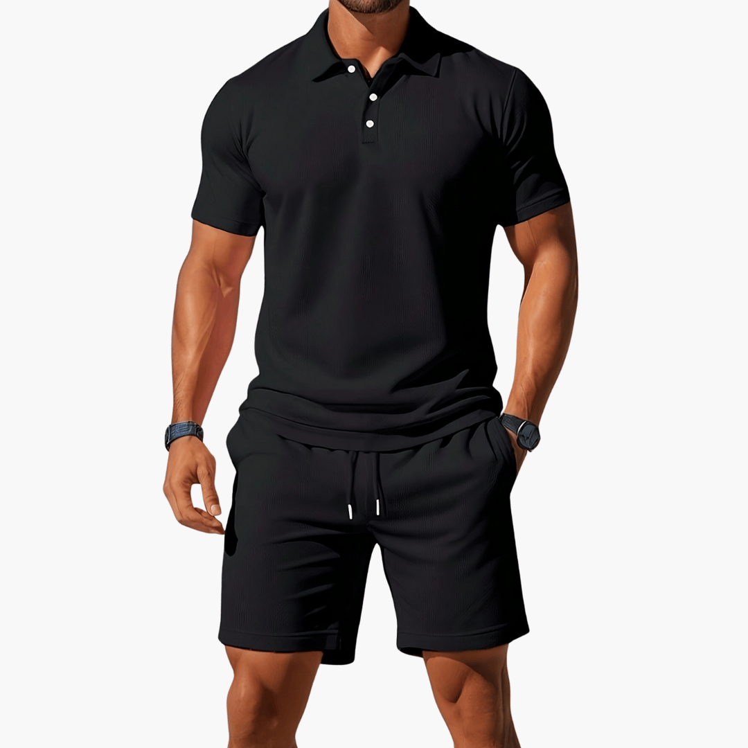 Vogain Men's Polo Shirts & Shorts Sets Black / S Men's Polo Shirts Casual Set Cotton Drawstring Waist Shorts Comfortable Fit