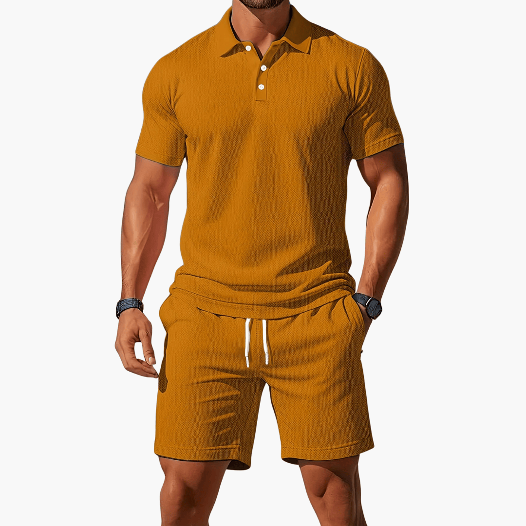 Vogain Men's Polo Shirts & Shorts Sets Khaki / S Men's Polo Shirts Casual Set Cotton Drawstring Waist Shorts Comfortable Fit