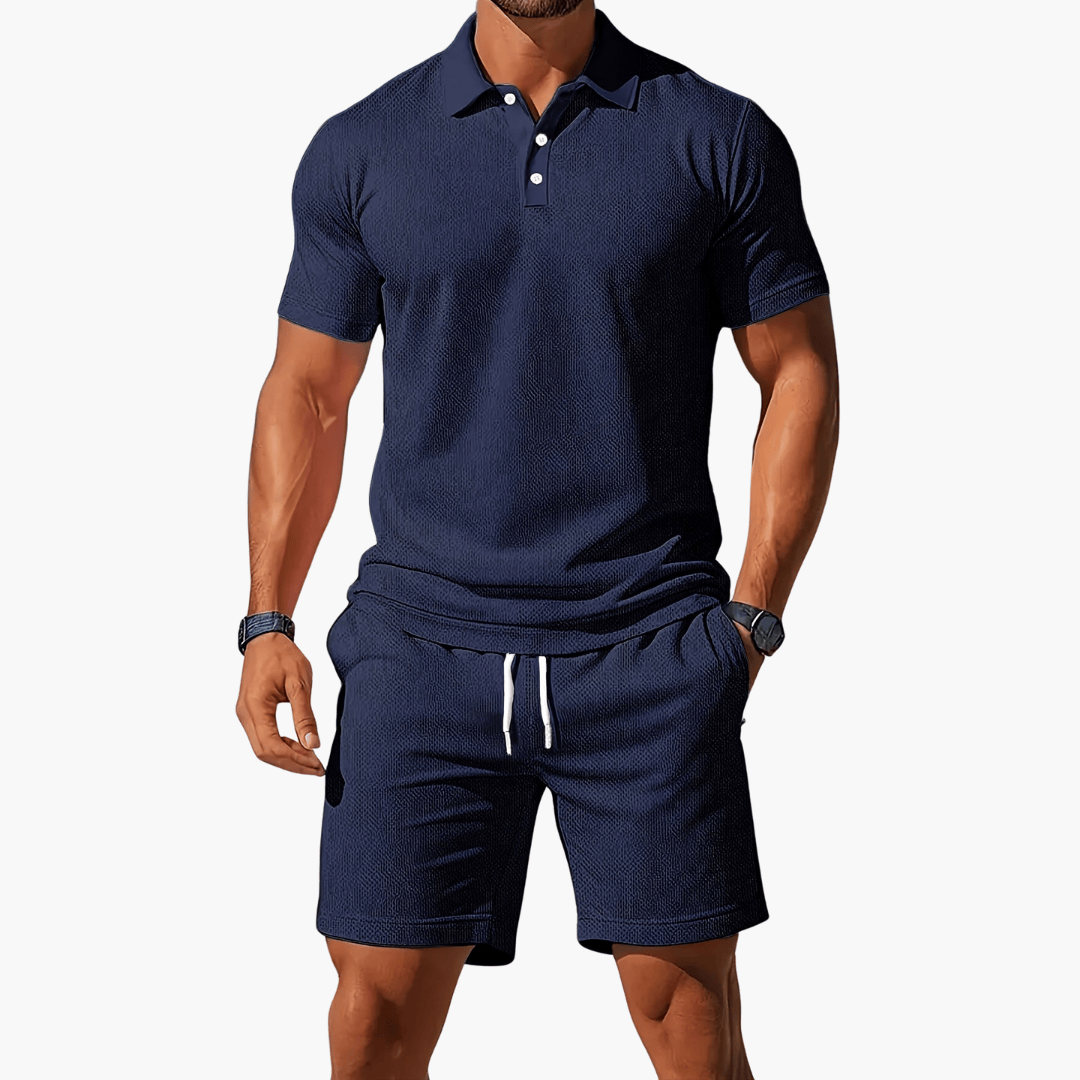 Vogain Men's Polo Shirts & Shorts Sets Navy Blue / S Men's Polo Shirts Casual Set Cotton Drawstring Waist Shorts Comfortable Fit