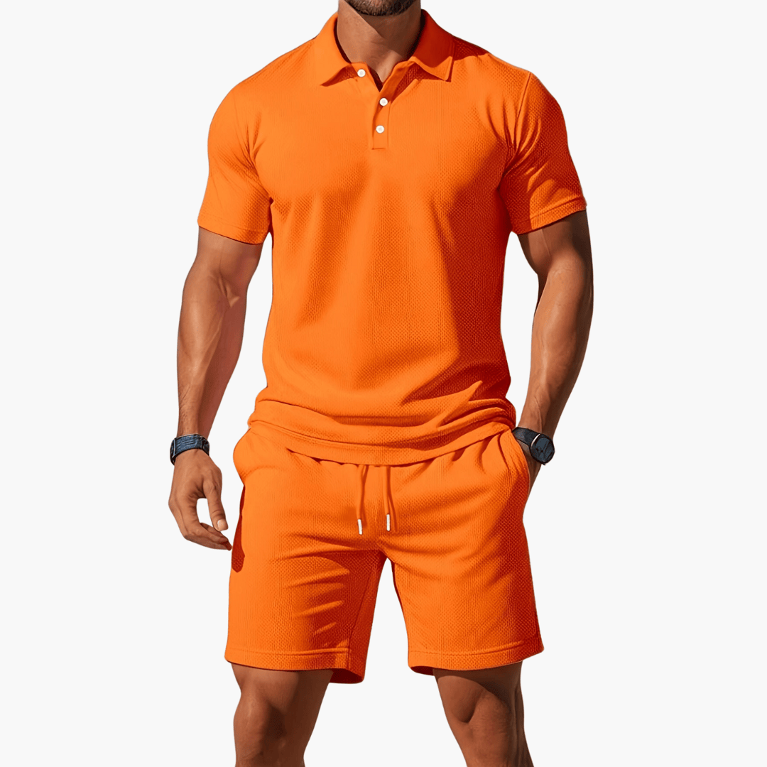 Vogain Men's Polo Shirts & Shorts Sets Orange / S Men's Polo Shirts Casual Set Cotton Drawstring Waist Shorts Comfortable Fit