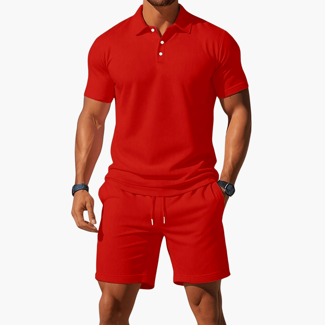 Vogain Men's Polo Shirts & Shorts Sets Red / S Men's Polo Shirts Casual Set Cotton Drawstring Waist Shorts Comfortable Fit