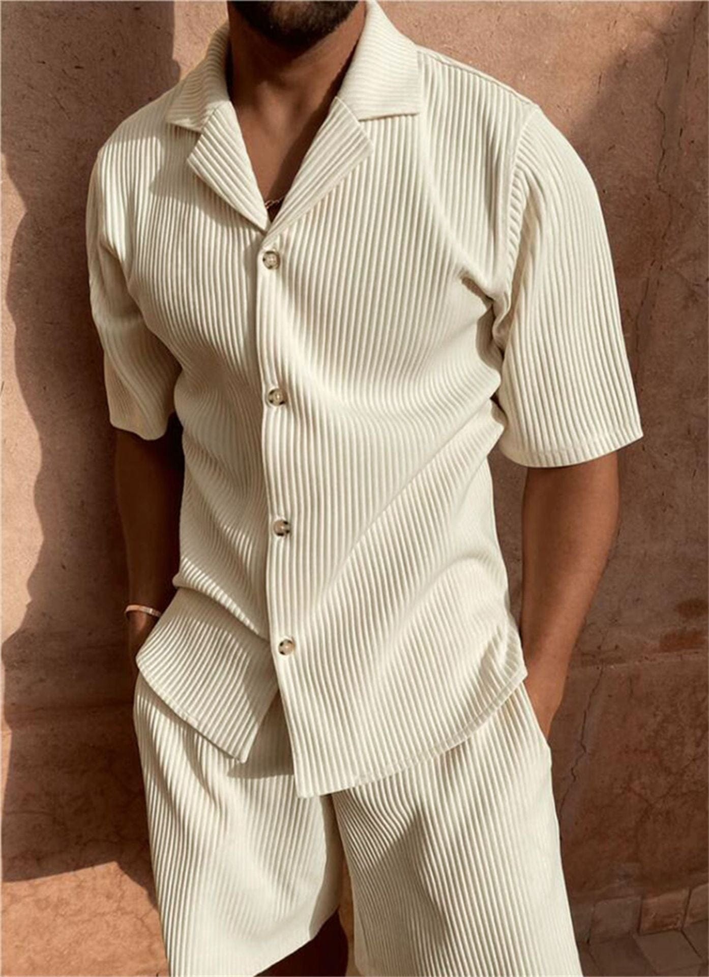 Vogain Men's Sets Beige / S Men's Outfit Short Sleeve Shirt and Shorts Set Lightweight Fabric Relaxed Fit