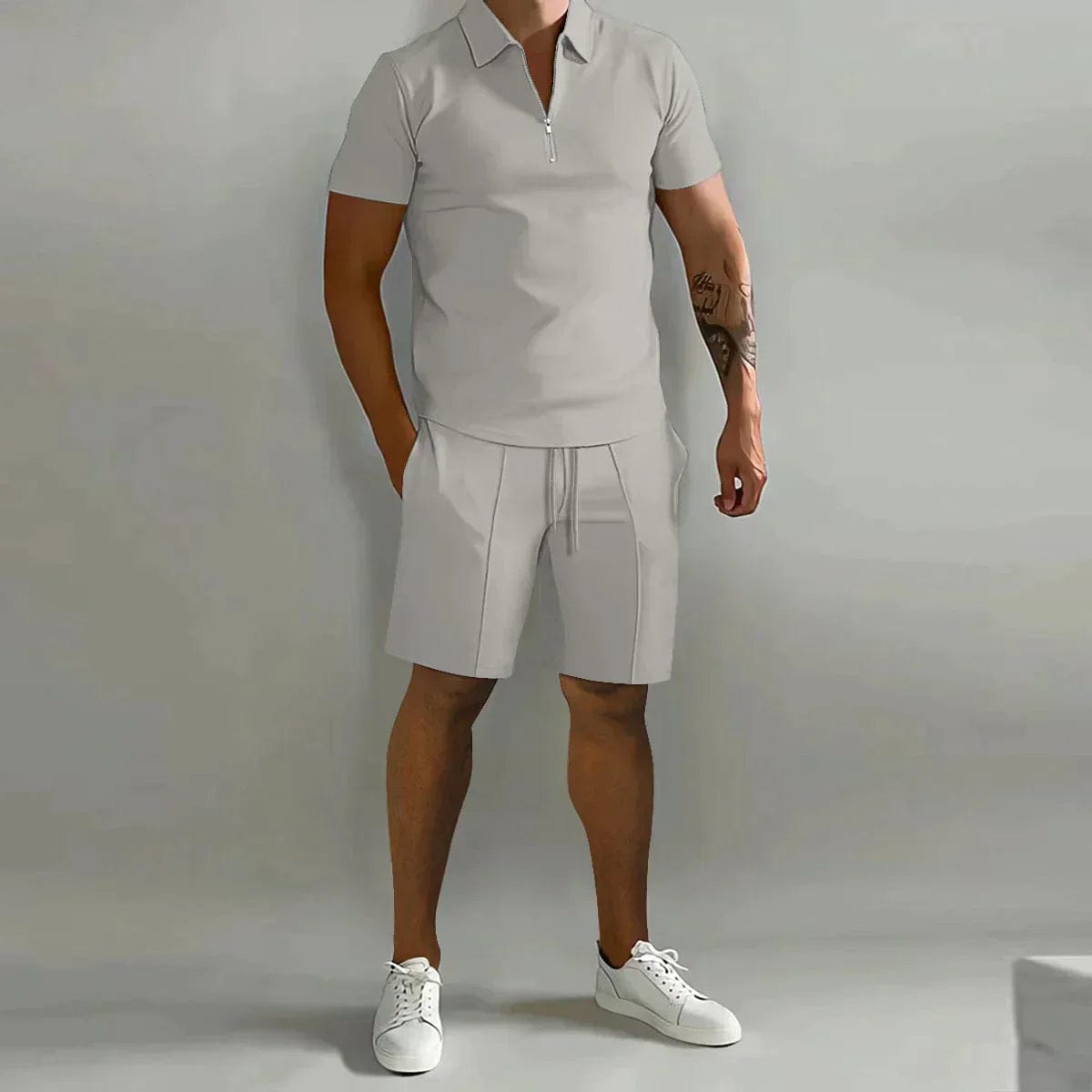 Vogain Sets Light Grey / S Men's Polo Shirts Set with Zipper Closure, Breathable Fabric, Relaxed Fit