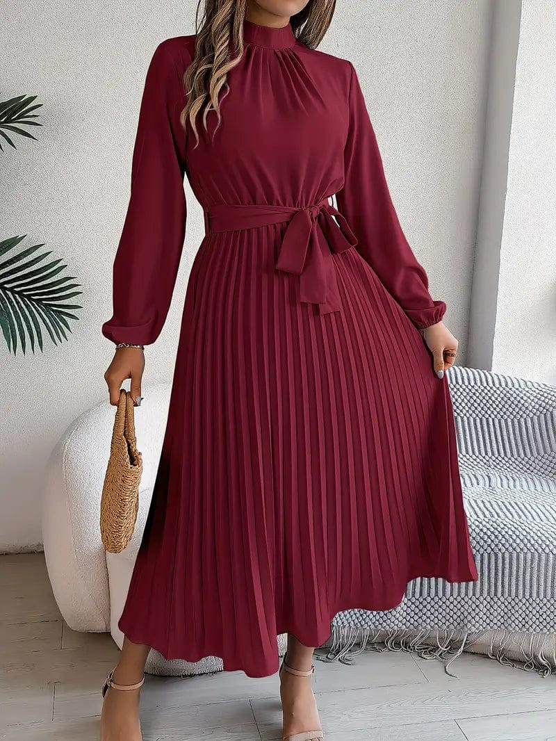 Vogain Women’s Dresses Burgundy / S Women’s Dress Midi Long Sleeve Pleated Skirt Belted Waist Polyester Fit