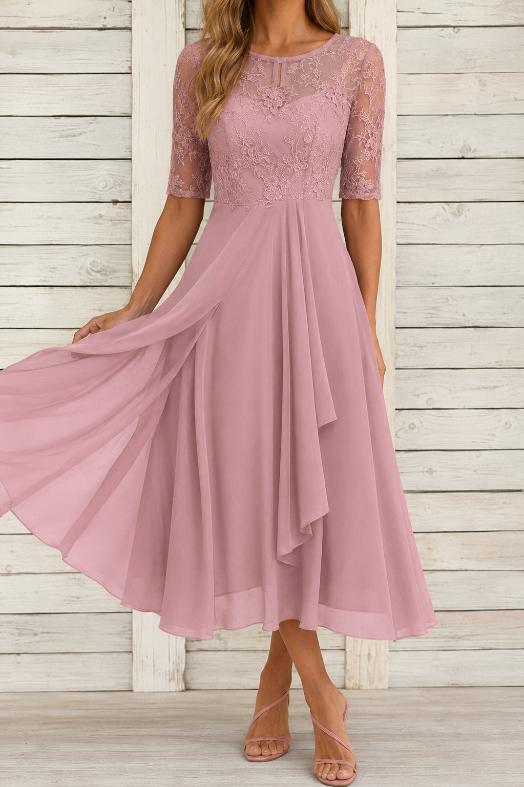 A woman wearing a dusty pink midi dress with a lace bodice, short sleeves, and a flowing chiffon skirt, standing against a white wooden plank wall.