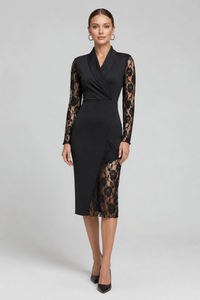 Women's Black Blazer Dress Midi Lace Sleeve Shawl Collar