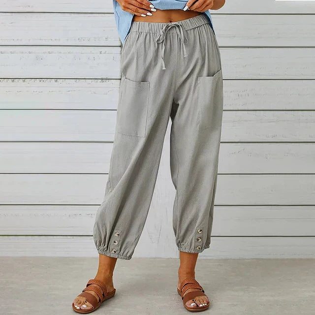 Women's denim blue relaxed fit high-waisted cotton trousers