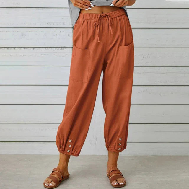 Women's denim blue relaxed fit high-waisted cotton trousers