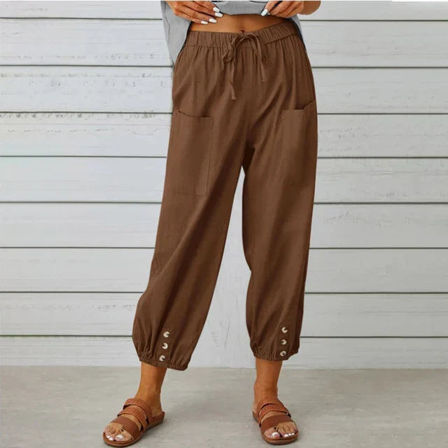 Women's denim blue relaxed fit high-waisted cotton trousers