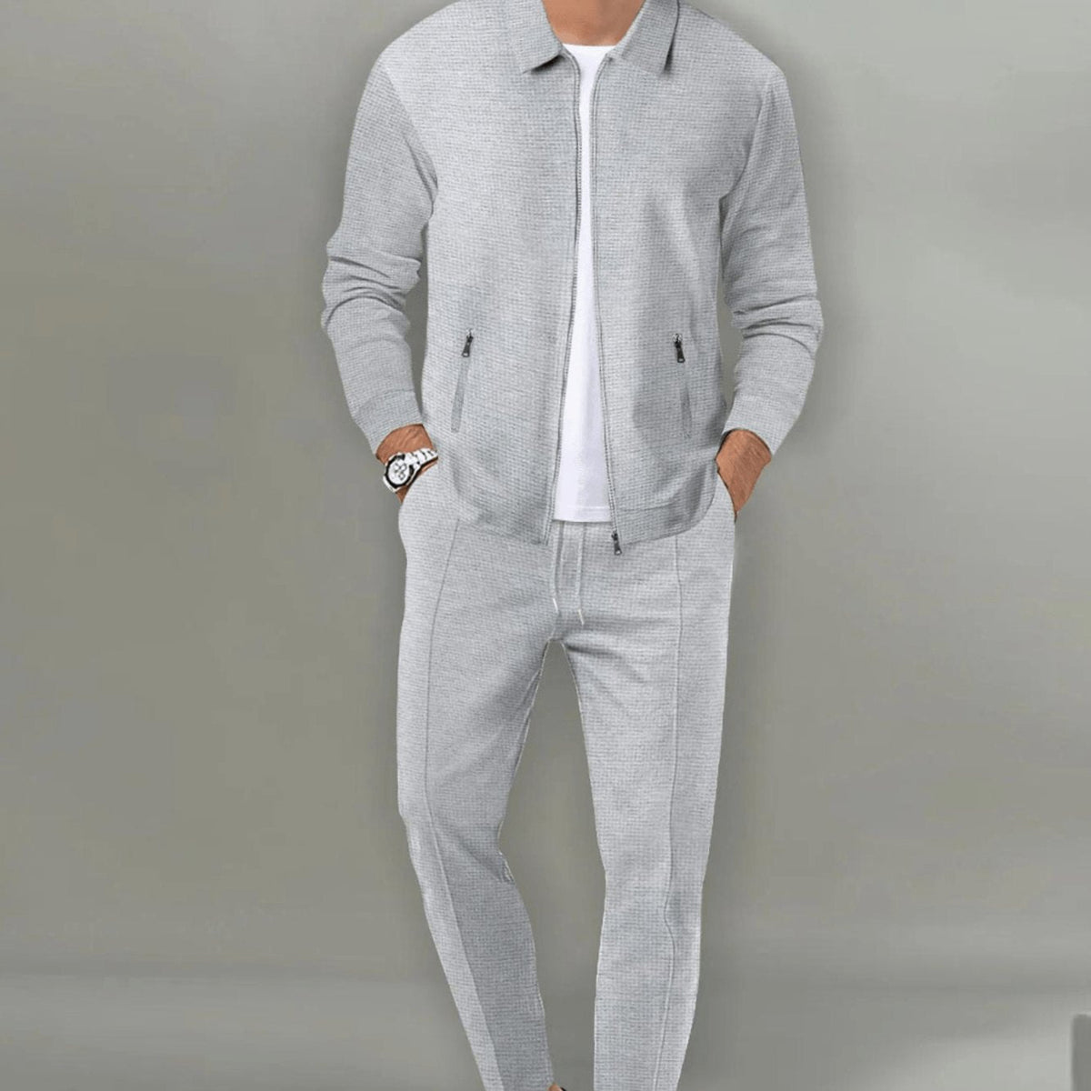 Men's slim-fit zip-up tracksuit set in grey with waffle texture