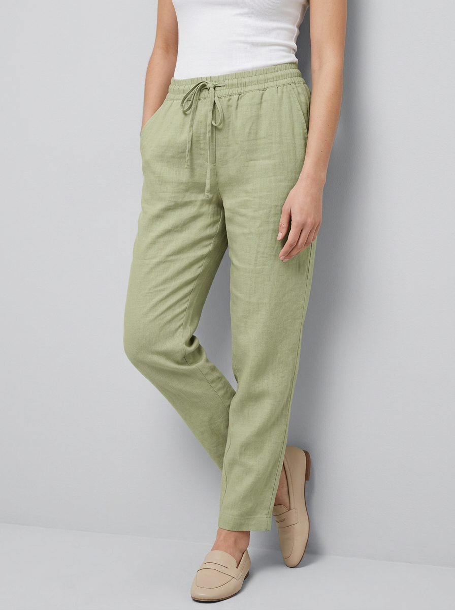 Women's green straight-leg summer trousers with elastic waist