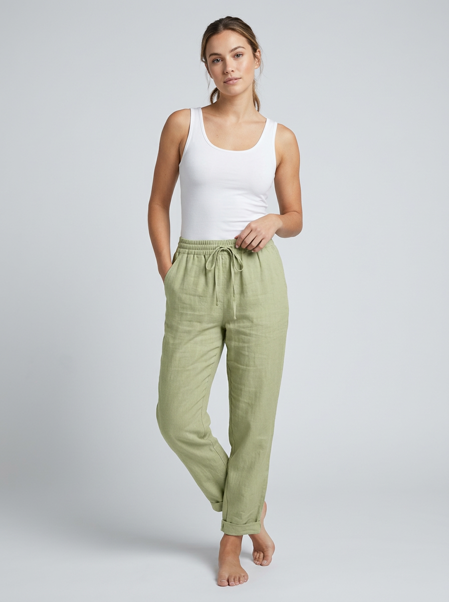 Women's green straight-leg summer trousers with elastic waist