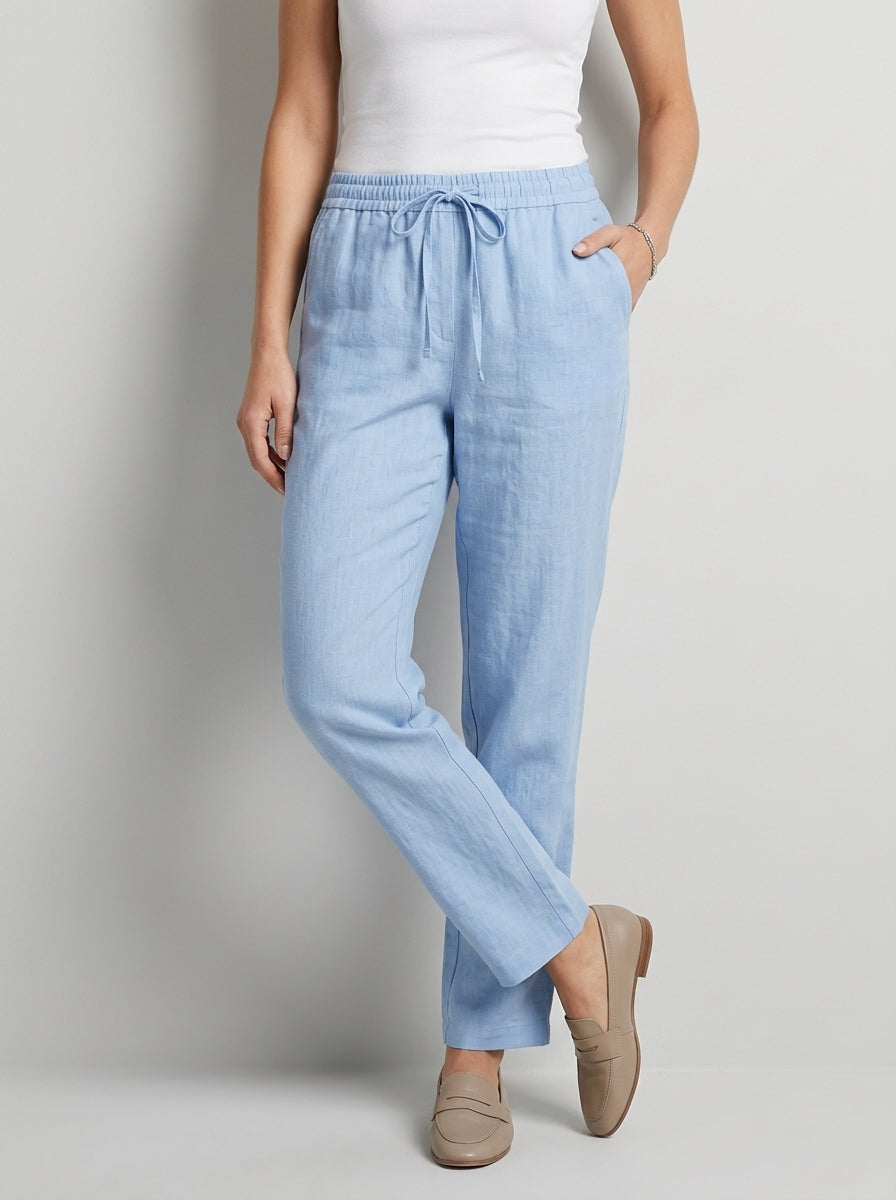 Women's green straight-leg summer trousers with elastic waist