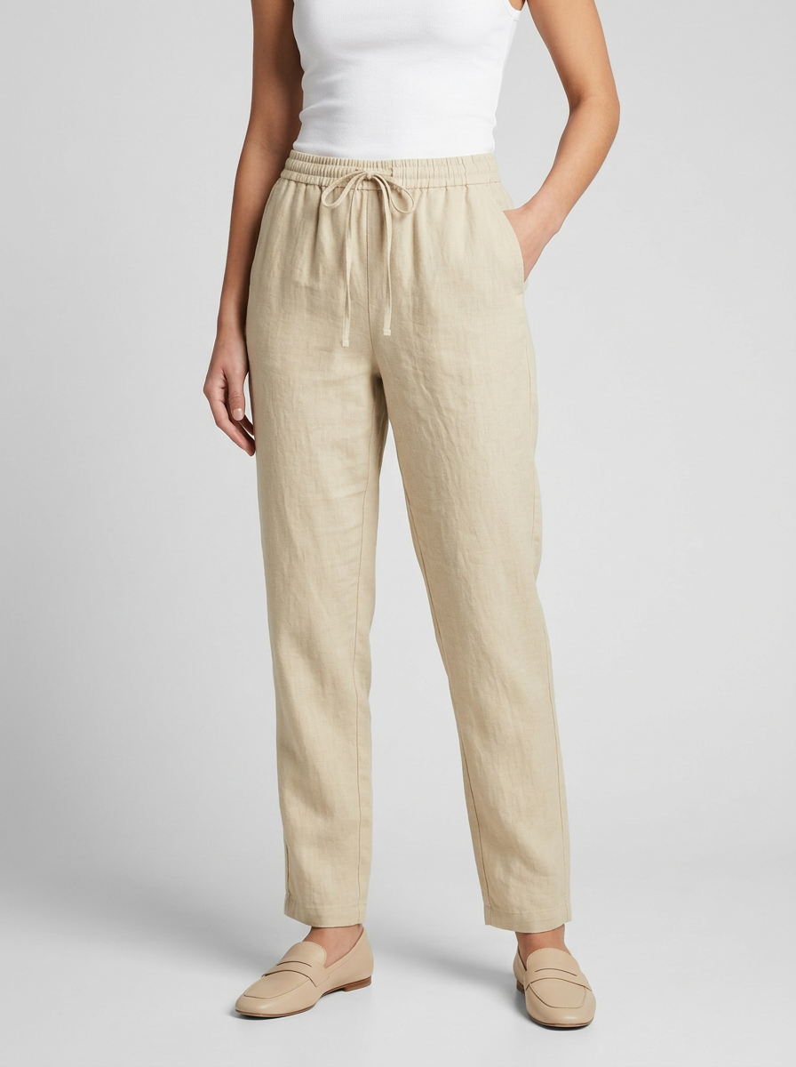 Women's green straight-leg summer trousers with elastic waist