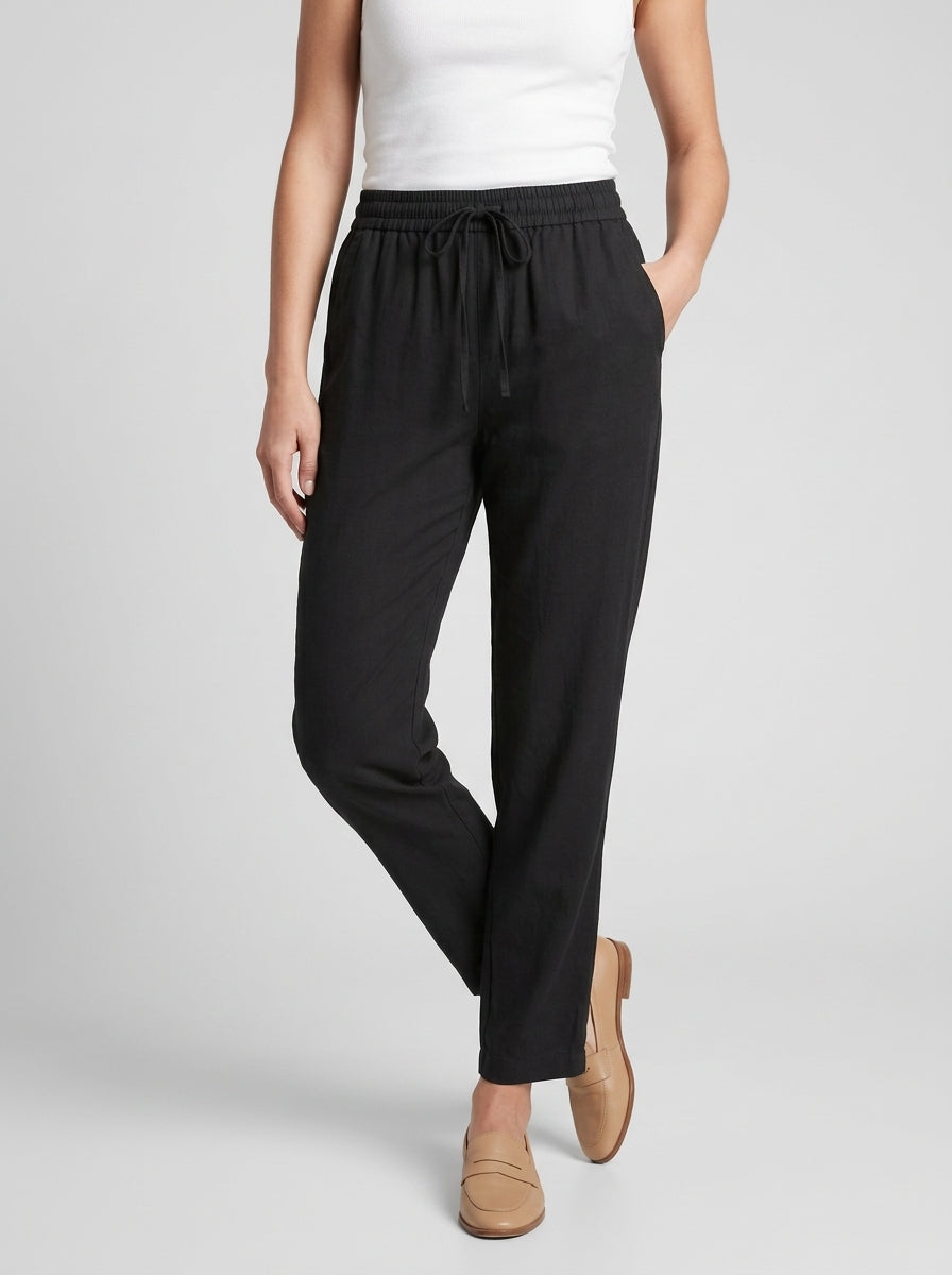 Women's green straight-leg summer trousers with elastic waist