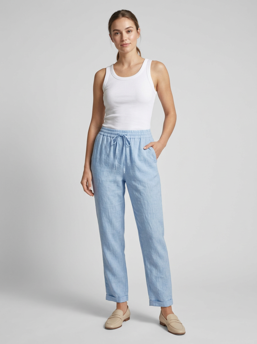 Women's blue straight-leg summer trousers with elastic waist