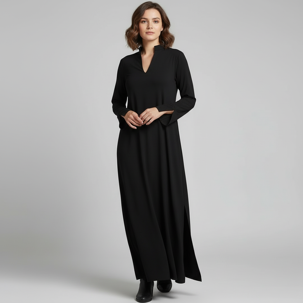 Women's black collared maxi dress with v-neck and side split