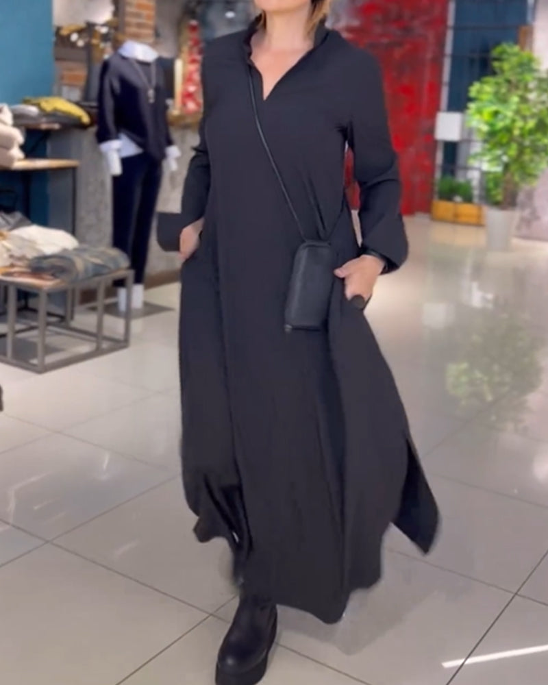 Women's black collared maxi dress with v-neck and side split
