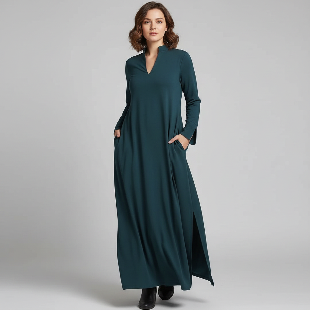 Women's black collared maxi dress with v-neck and side split