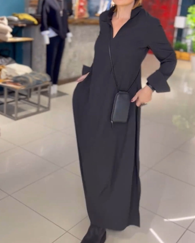 Women's green collared maxi dress with v-neck and side split