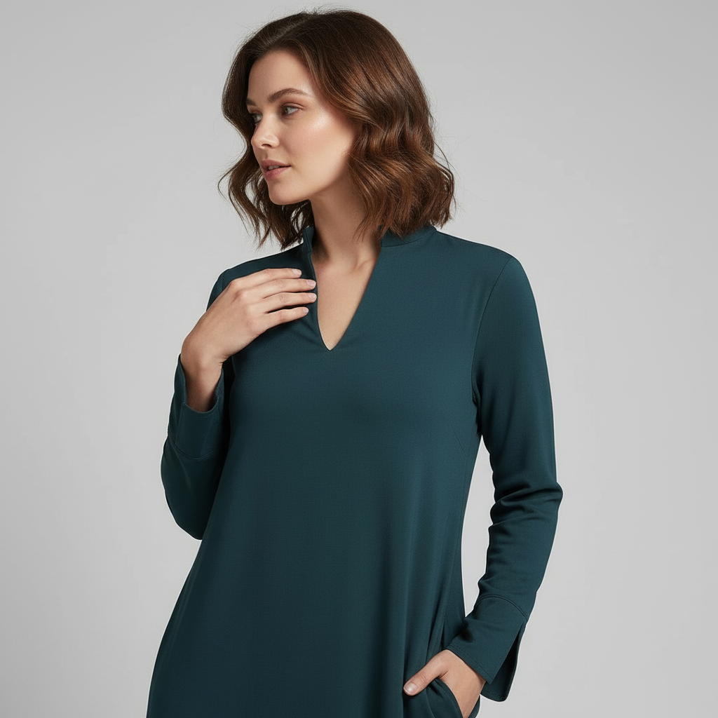 Women's green collared maxi dress with v-neck and side split