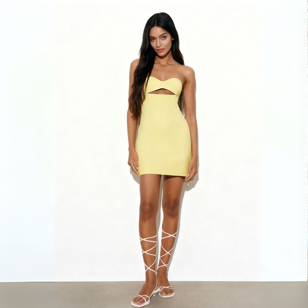 women's a-line dress with a plunging neckline and cutout