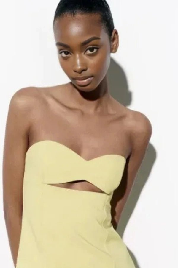 women's a-line dress with a plunging neckline and cutout