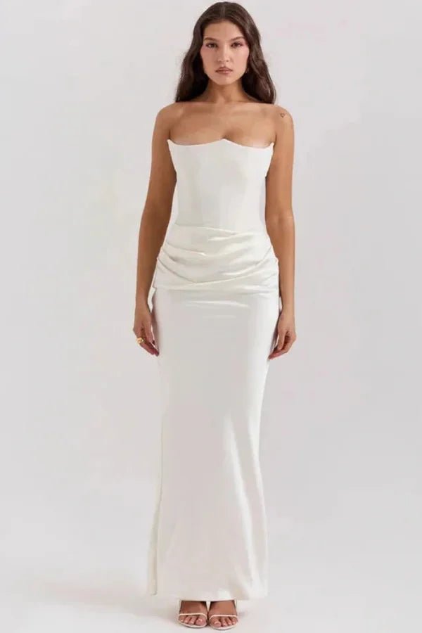 Women's white satin corset maxi dress with a square neck