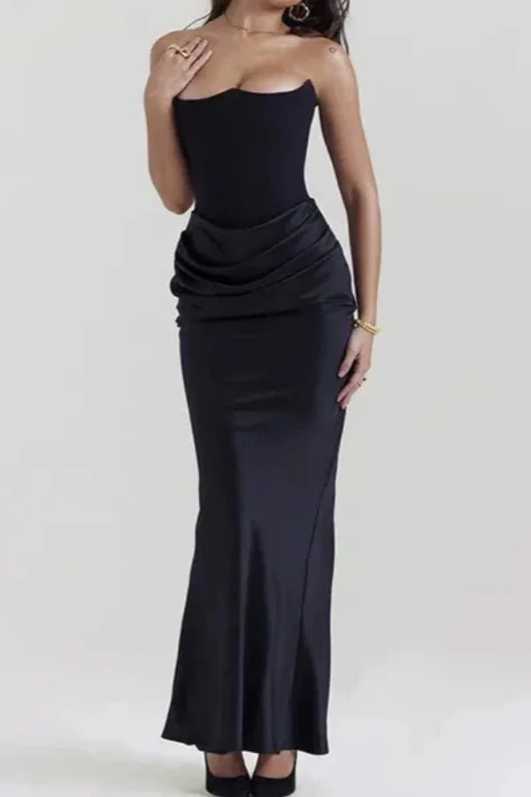 Women's black satin corset maxi dress with a square neck