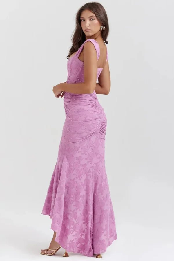 women's corset gown with a square neck and high-low hem