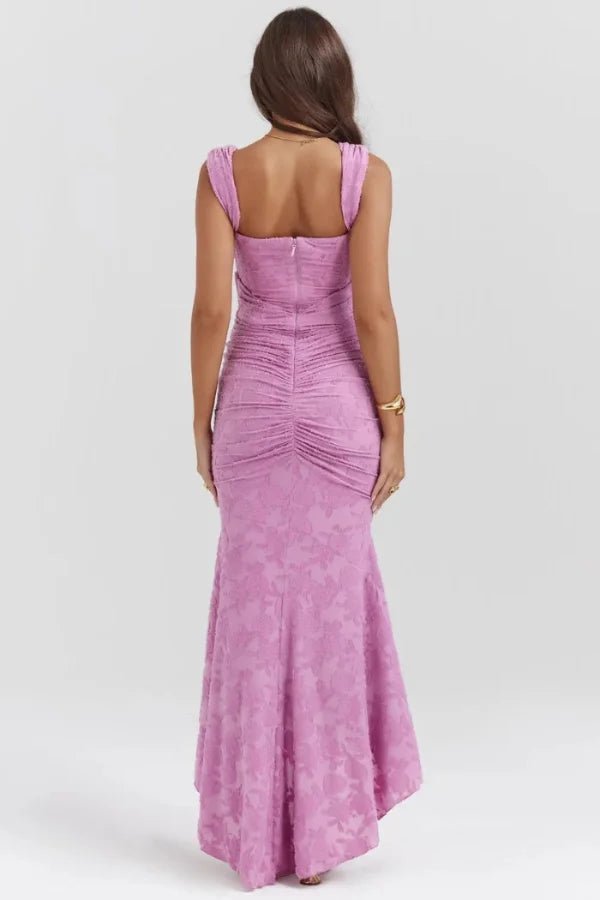 women's corset gown with a square neck and high-low hem