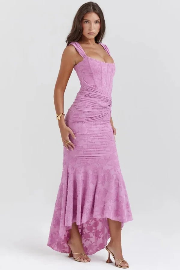 women's corset gown with a square neck and high-low hem