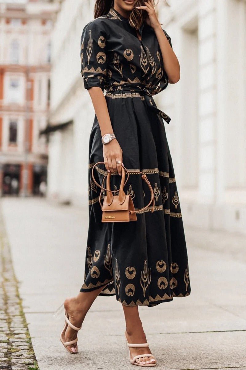 Women's black boho print midi dress with self-tie waist