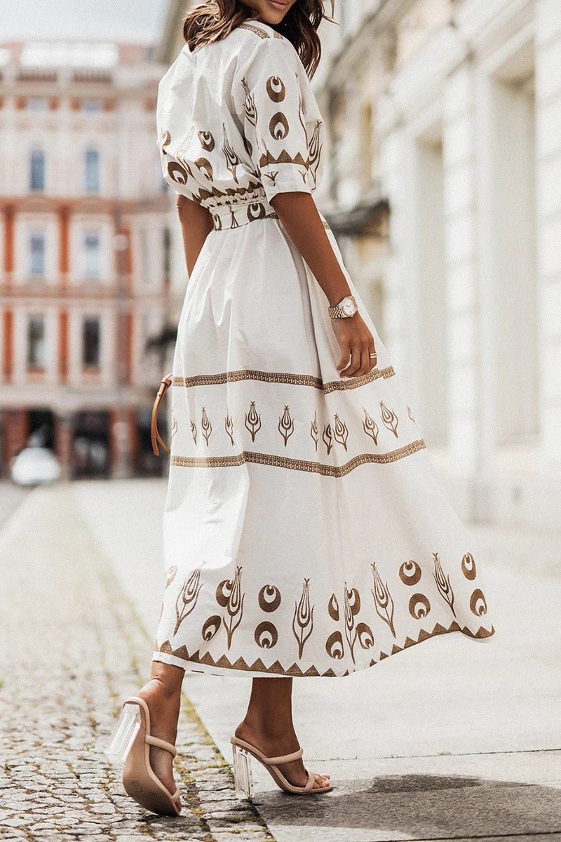 Women's black boho print midi dress with self-tie waist