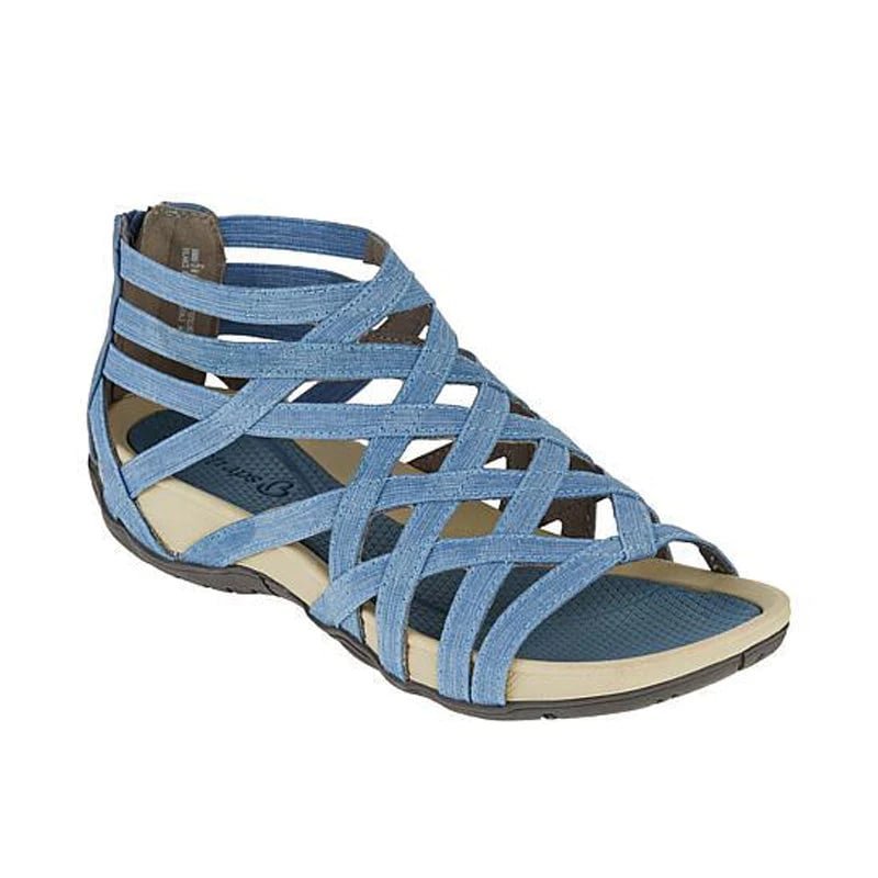 Women's red adjustable strappy sandals with cushioned footbed