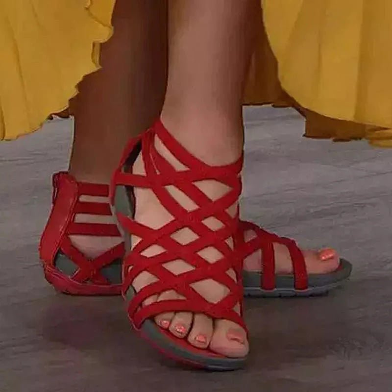 Women's red adjustable strappy sandals with cushioned footbed