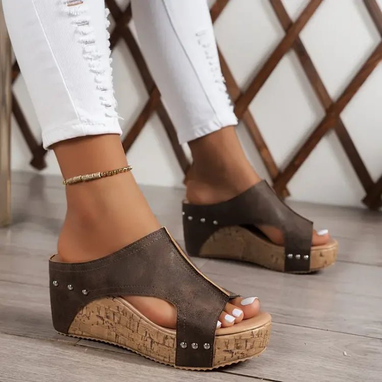 Women's black cork wedge sandals with adjustable straps