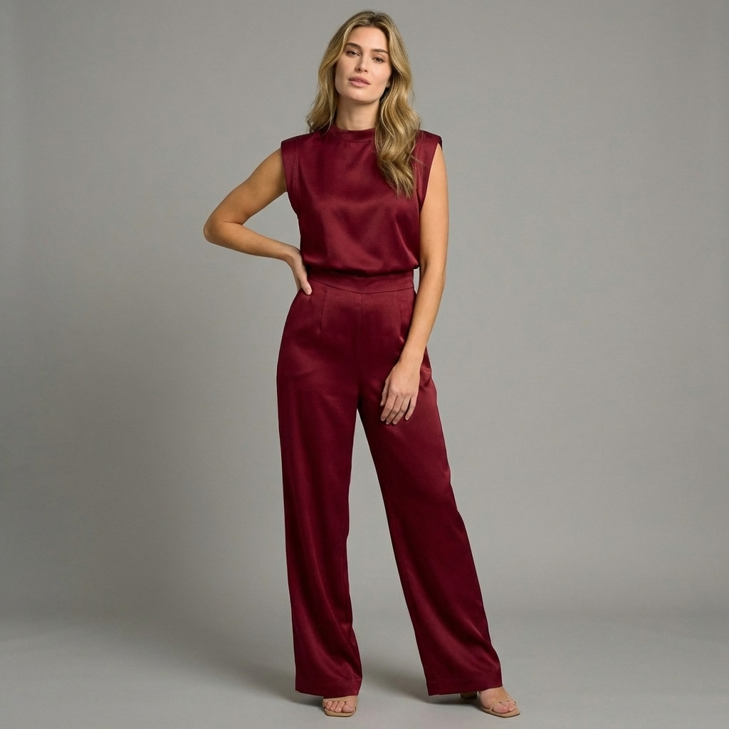 Women's light brown satin wide-leg jumpsuit with open back
