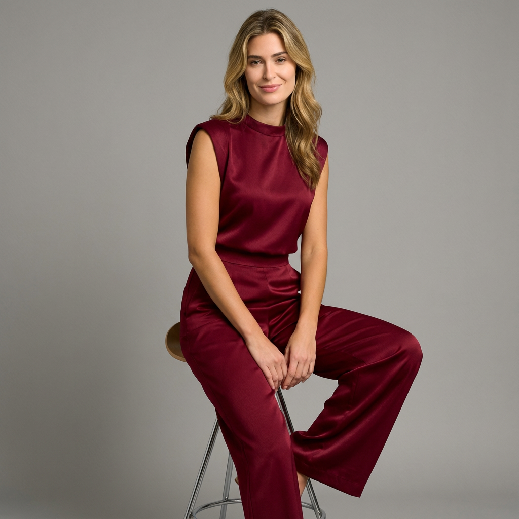 Women's light brown satin wide-leg jumpsuit with open back